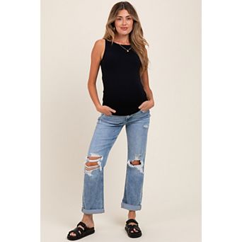 Maternity Blue Ripped Knee Rolled Cuff Straight Leg Maternity Jeans