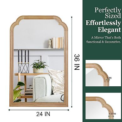 Natural Wood Wall Mirror with Rounded Corner Arch Wood Frame for Bathroom 24" x 36"