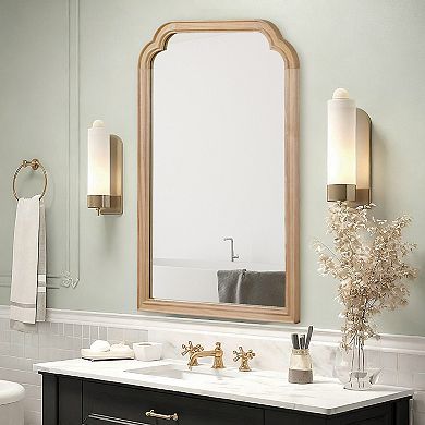 Natural Wood Wall Mirror with Rounded Corner Arch Wood Frame for Bathroom 24" x 36"