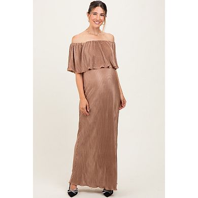 Maternity Pleated Ruffle Off Shoulder Maternity Maxi Dress