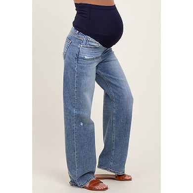 Maternity Distressed Vintage Wash Wide Leg Maternity Jeans