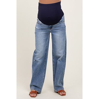 Maternity Distressed Vintage Wash Wide Leg Maternity Jeans