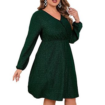 Womens Plus Size V Neck Puff Sleeve Long Sleeve Elegant Dress