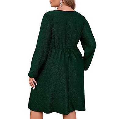Womens Plus Size V Neck Puff Sleeve Long Sleeve Elegant Dress