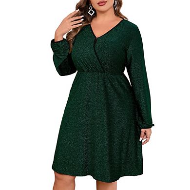 Womens Plus Size V Neck Puff Sleeve Long Sleeve Elegant Dress