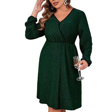 Womens Plus Size V Neck Puff Sleeve Long Sleeve Elegant Dress
