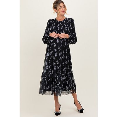 Maternity Floral Mesh Smocked Midi Dress