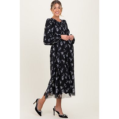 Maternity Floral Mesh Smocked Midi Dress
