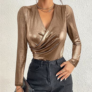 Women's Fashion V-Neck Long Sleeve Metallic Style Top