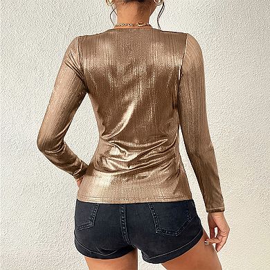 Women's Fashion V-Neck Long Sleeve Metallic Style Top