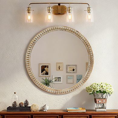 31.5" Round Decorative Wall Mirror with Wood Bead Frame, Farmhouse Mirror