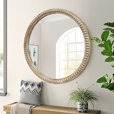 31.5" Round Decorative Wall Mirror with Wood Bead Frame, Farmhouse Mirror