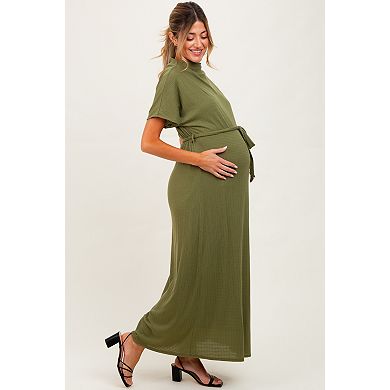 Maternity Plaid Draped Neckline Sash Tie Maxi Dress