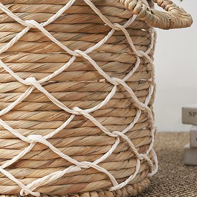 Round Water Hyacinth Woven Basket with Handles - 18" x 18" x 12.2" - Natural Brown