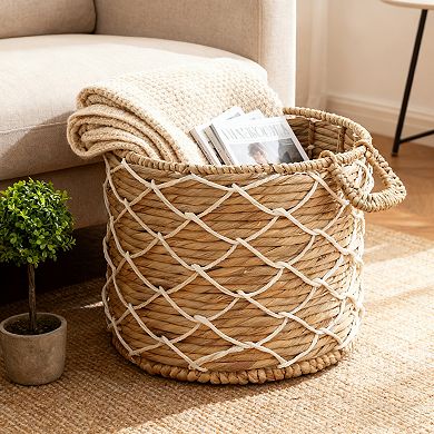 Round Water Hyacinth Woven Basket with Handles - 18" x 18" x 12.2" - Natural Brown