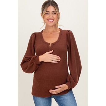 Maternity Solid Ribbed Long Sleeve V-Neck Tunic Top