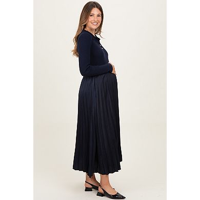 Maternity Collared Knit Contrast Pleated Skirt Midi Dress