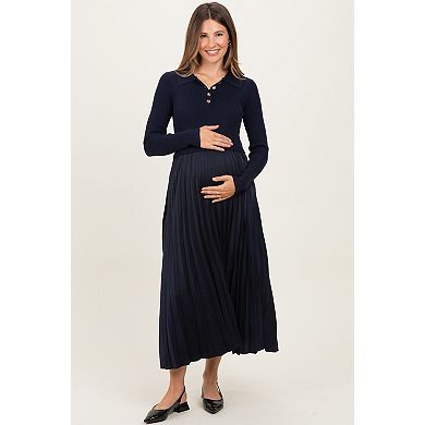 Maternity Collared Knit Contrast Pleated Skirt Midi Dress