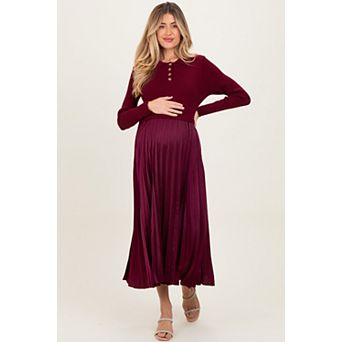 Maternity Collared Knit Contrast Pleated Skirt Midi Dress