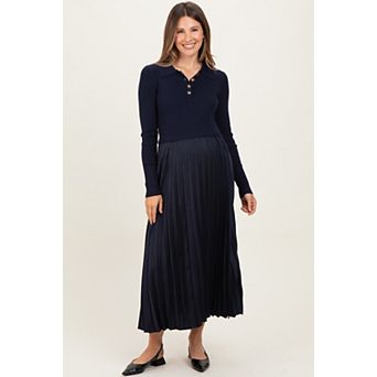 Maternity Collared Knit Contrast Pleated Skirt Midi Dress