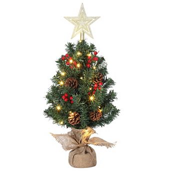 24 Inch Mini Tabletop Christmas Tree with Star 30 Lights Red Berries and Pine Cones