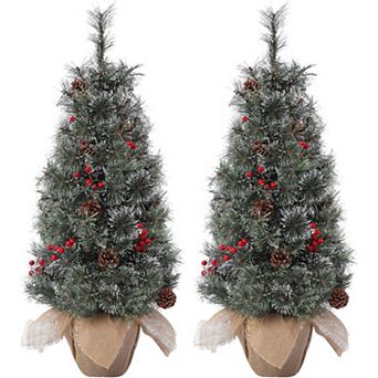 2 pc 3FT Mini Pre-Lit Christmas Tree Snow Flocked Burlap Base