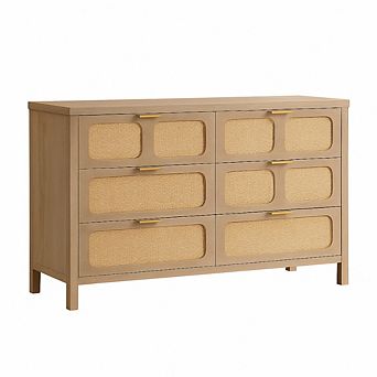 6 Drawer Dresser Rattan Dresser for Bedroom Farmhouse Wood Storage Chest of Drawers