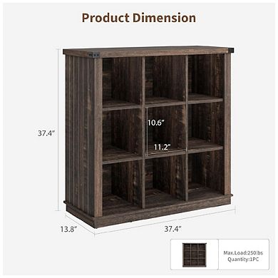 9 Cube Storage Organizer Bookshelf, 4 Tier Farmhouse Horizontal Bookcase, Wood Storage Bookcase