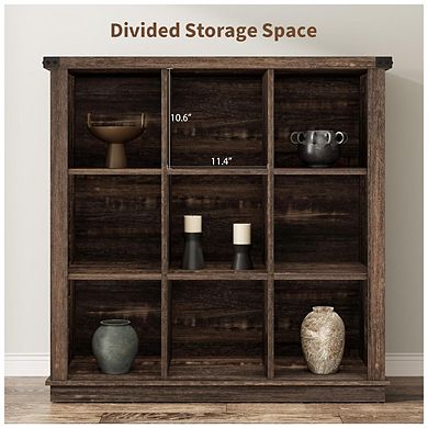 9 Cube Storage Organizer Bookshelf, 4 Tier Farmhouse Horizontal Bookcase, Wood Storage Bookcase