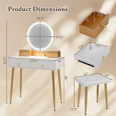 Costway Vanity Makeup Dressing Table Stool Set 3-Color Lighted Mirror with Drawers