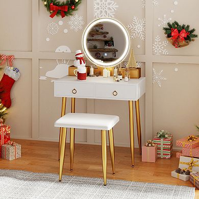 Costway Vanity Makeup Dressing Table Stool Set 3-Color Lighted Mirror with Drawers