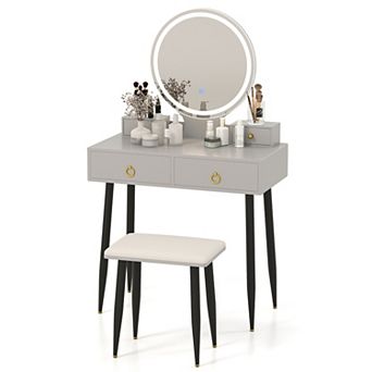 Costway Vanity Makeup Dressing Table Stool Set 3-Color Lighted Mirror with Drawers