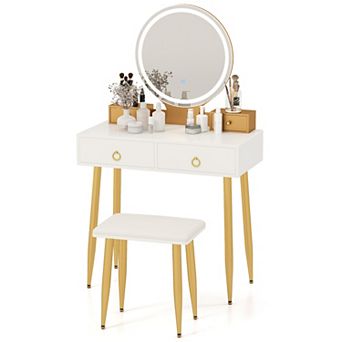 Costway Vanity Makeup Dressing Table Stool Set 3-Color Lighted Mirror with Drawers