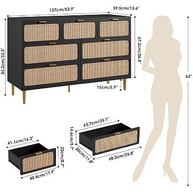 Rattan Dresser with 7 Drawers, Modern Closet with Deep Storage, Large Chest of Drawers