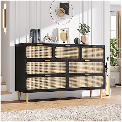 Rattan Dresser with 7 Drawers, Modern Closet with Deep Storage, Large Chest of Drawers