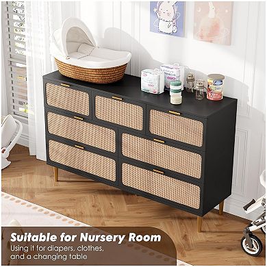 Rattan Dresser with 7 Drawers, Modern Closet with Deep Storage, Large Chest of Drawers