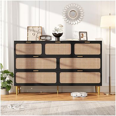 Rattan Dresser with 7 Drawers, Modern Closet with Deep Storage, Large Chest of Drawers
