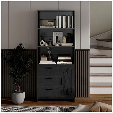 Bookshelf with Door and 3 Drawers, Bookcase Shelf with 3-Tier Shelves, Wooden Book Shelf