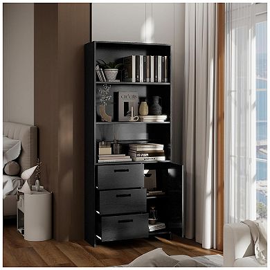 Bookshelf with Door and 3 Drawers, Bookcase Shelf with 3-Tier Shelves, Wooden Book Shelf