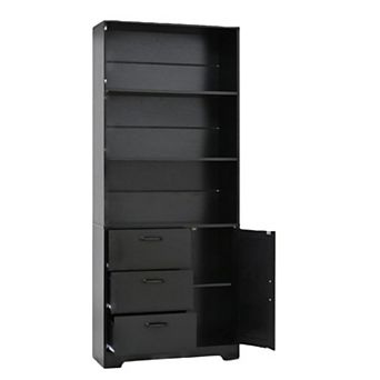 Bookshelf with Door and 3 Drawers, Bookcase Shelf with 3 tier Shelves, Wooden Book Shelf