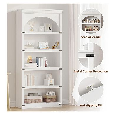 Farmhouse Arched Bookshelf, Wooden Arch Book Shelf with Wooden Base, 5 Tier Bookshelves