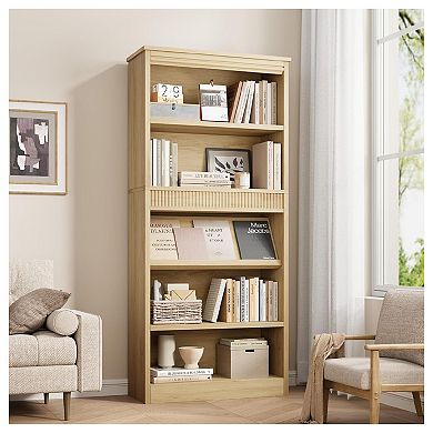 5 Tier Farmhouse Bookshelf with Wood Base, Wood Bookshelf Rustic Vintage Book Shelf