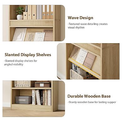 5 Tier Farmhouse Bookshelf with Wood Base, Wood Bookshelf Rustic Vintage Book Shelf