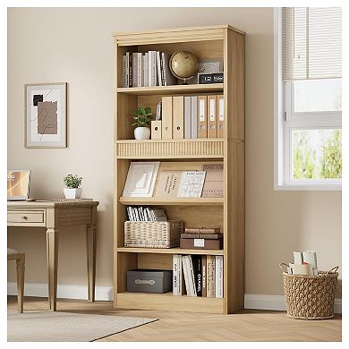 5 Tier Farmhouse Bookshelf with Wood Base, Wood Bookshelf Rustic Vintage Book Shelf