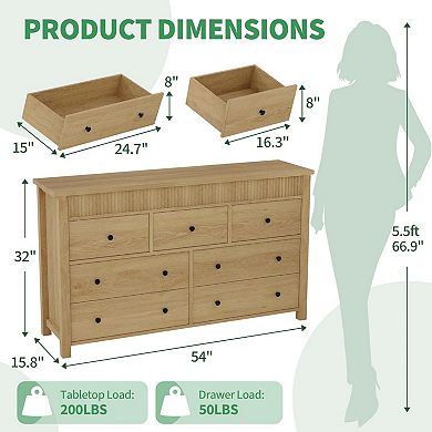 7 Drawer Dresser for Bedroom, Wooden Chest of Drawers, Fluted TV Stand, Storage Organizer
