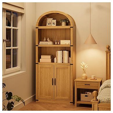Arched Bookcase, Farmhouse Wooden Bookshelf with Metal Corner Protection