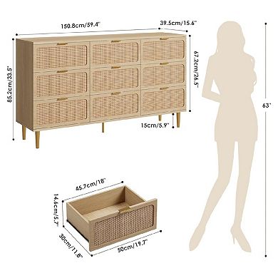 Rattan 9 Drawer Dressers for Bedroom,Dresser with Deep Drawers, Large Chest of Drawers