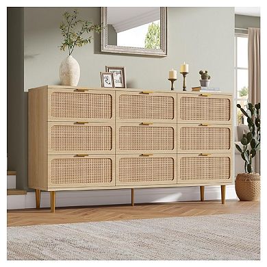 Rattan 9 Drawer Dressers for Bedroom,Dresser with Deep Drawers, Large Chest of Drawers