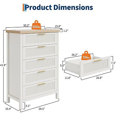 Fluted 5 Drawer Tall Dresser for Bedroom, 42.9'' Tall Wooden Chest of Drawers