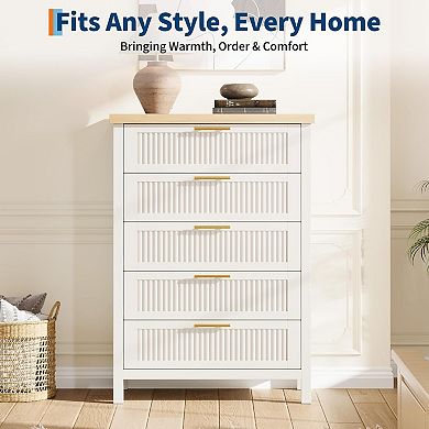 Fluted 5 Drawer Tall Dresser for Bedroom, 42.9'' Tall Wooden Chest of Drawers